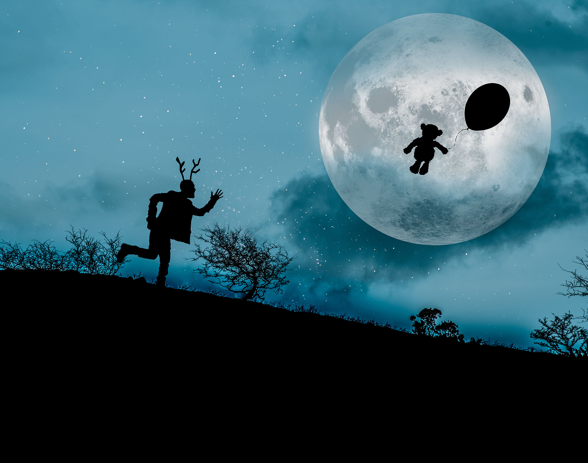 A deer chases baby snowy whose balloon has taken him to the moon