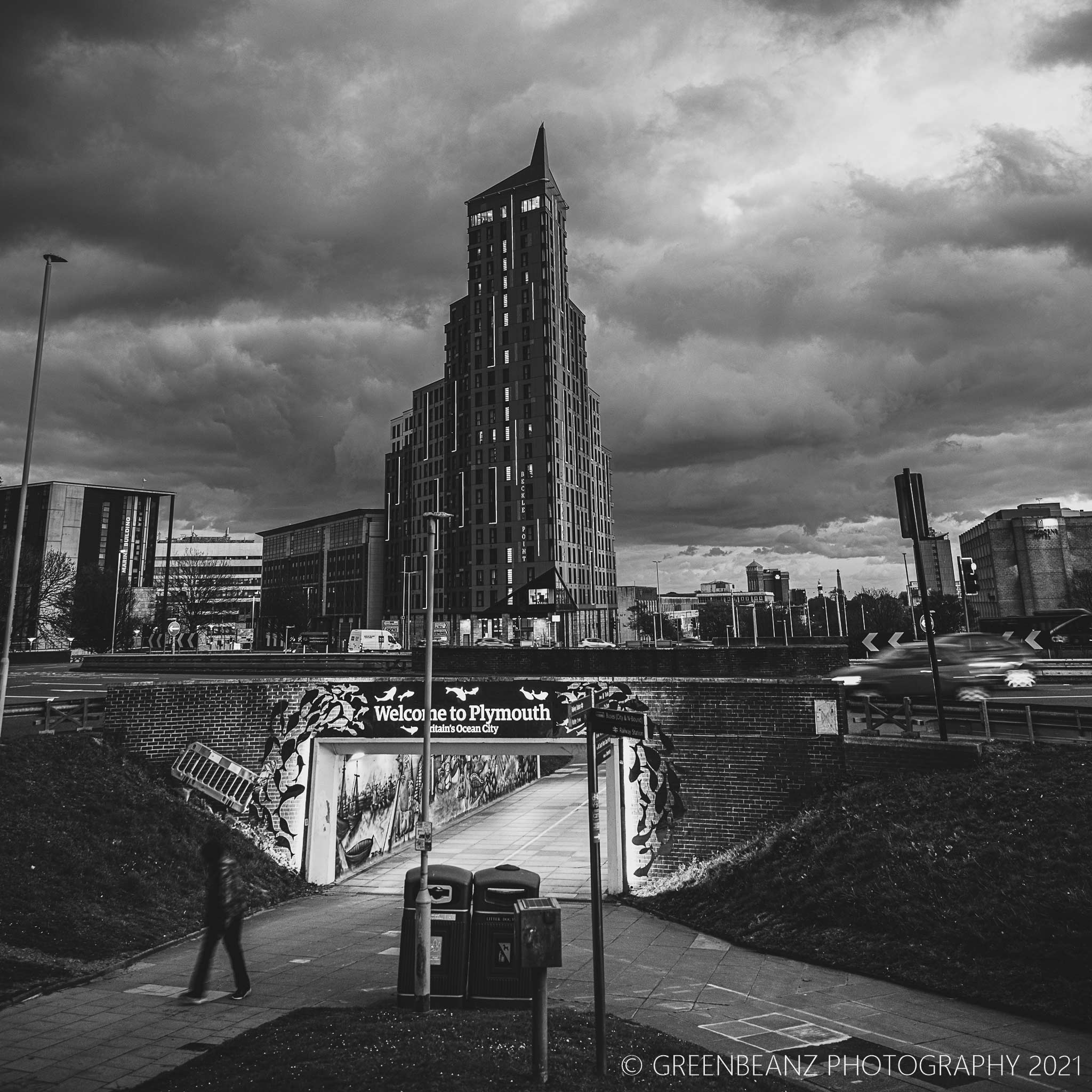 Beckley Point buliding in Plymouth in dramatic black and white gothic style