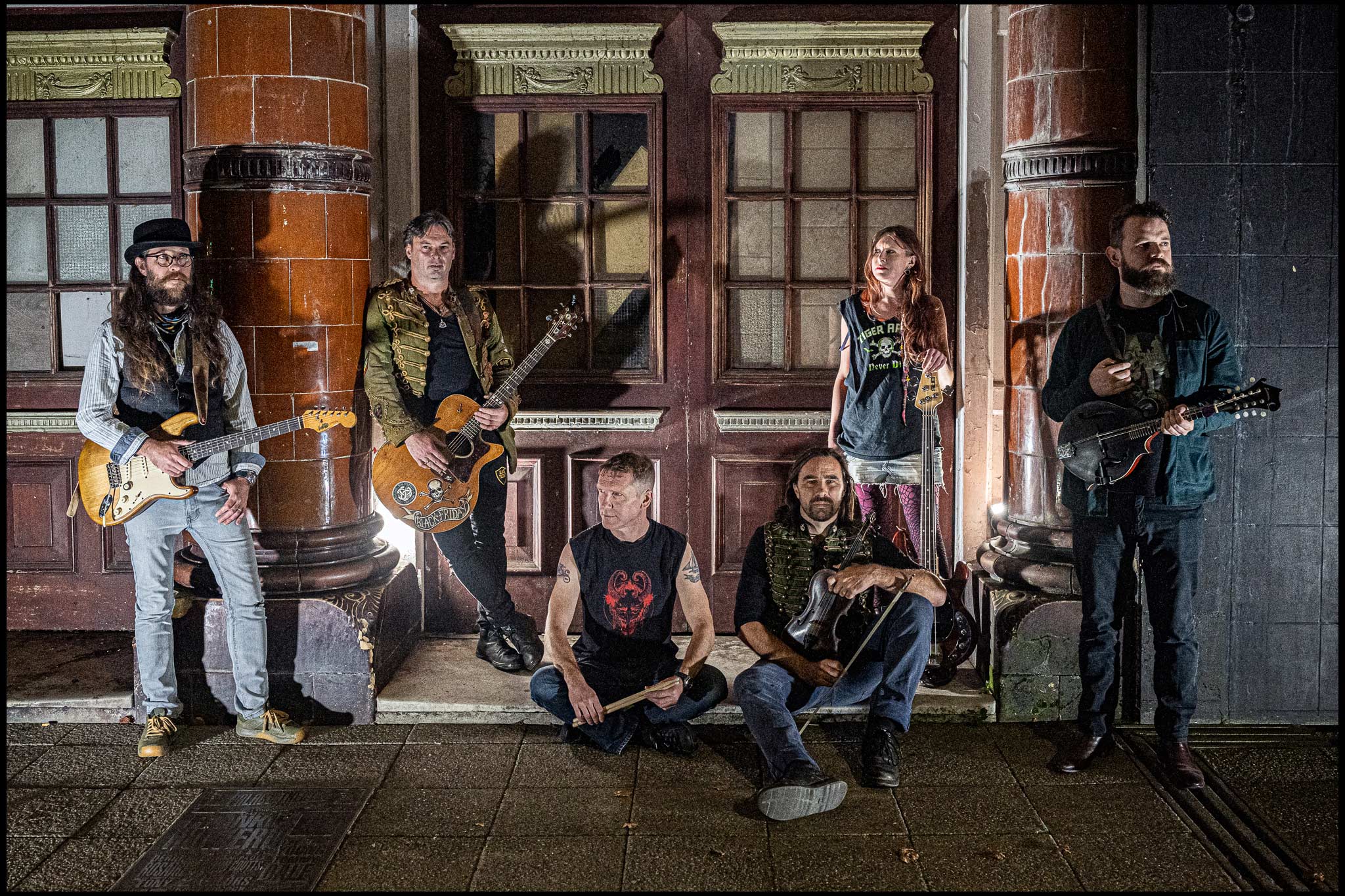 Celtic Folk Punk Band Black Friday outside of the Palace Theatre Plymouth in 2021