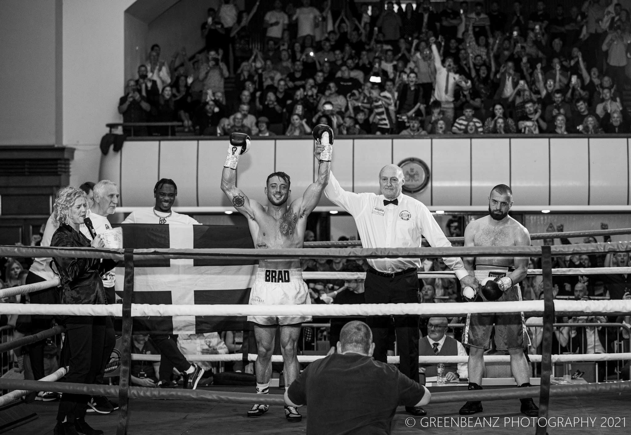 Brad Pauls Boxer having his hand raised at Plymuoth's Guildhall 2021