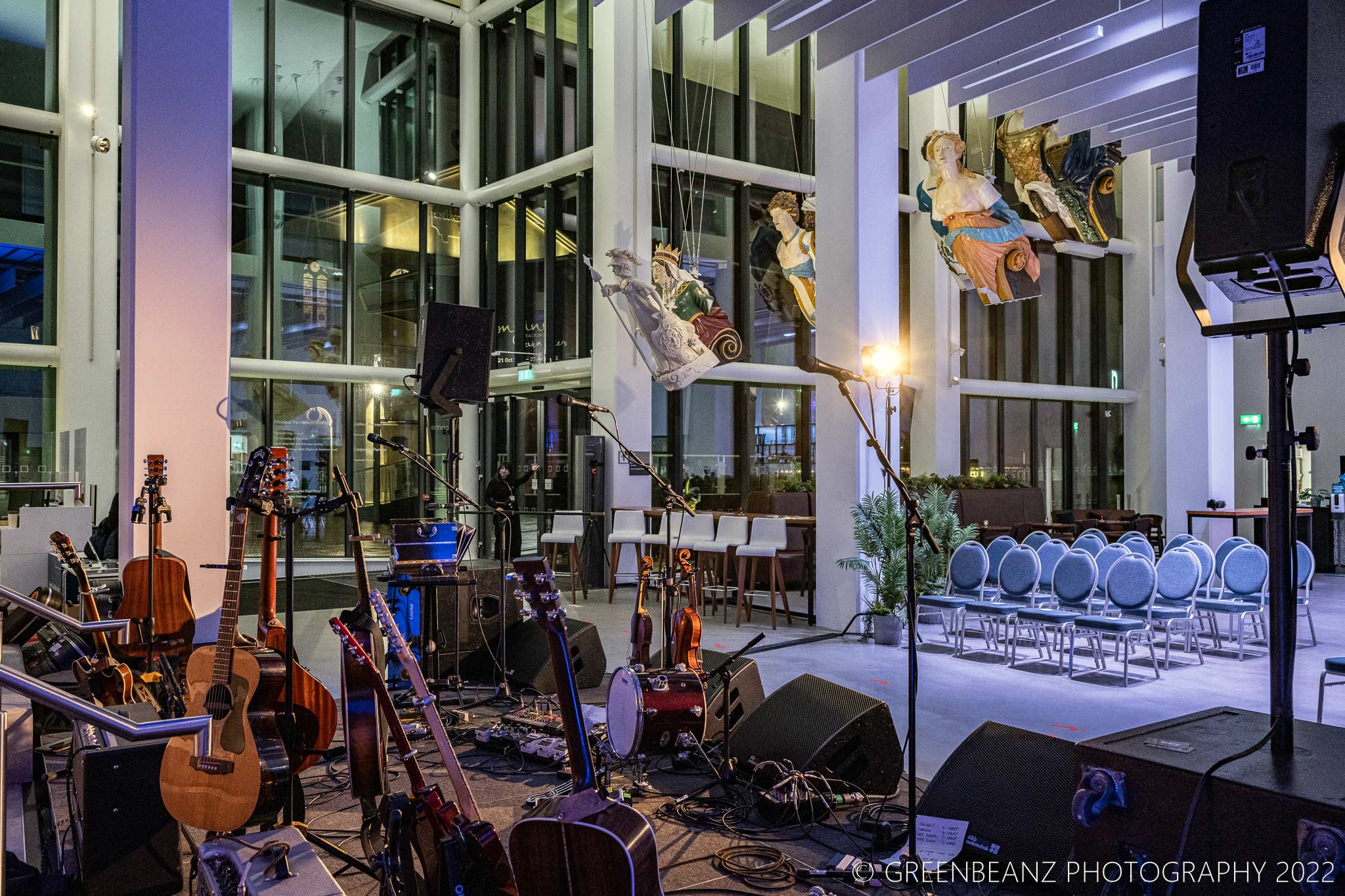 Stage set with musical instruments for the first music gig at The Box