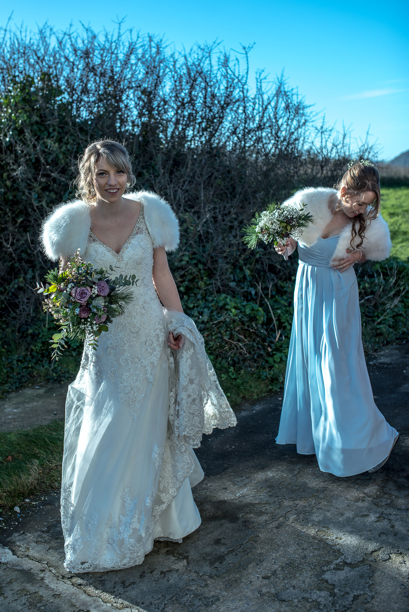 Beautiful bouquet of Plymouth bride Anne Marie in her classy retro wedding dress and her bridesmaids baby blue gown