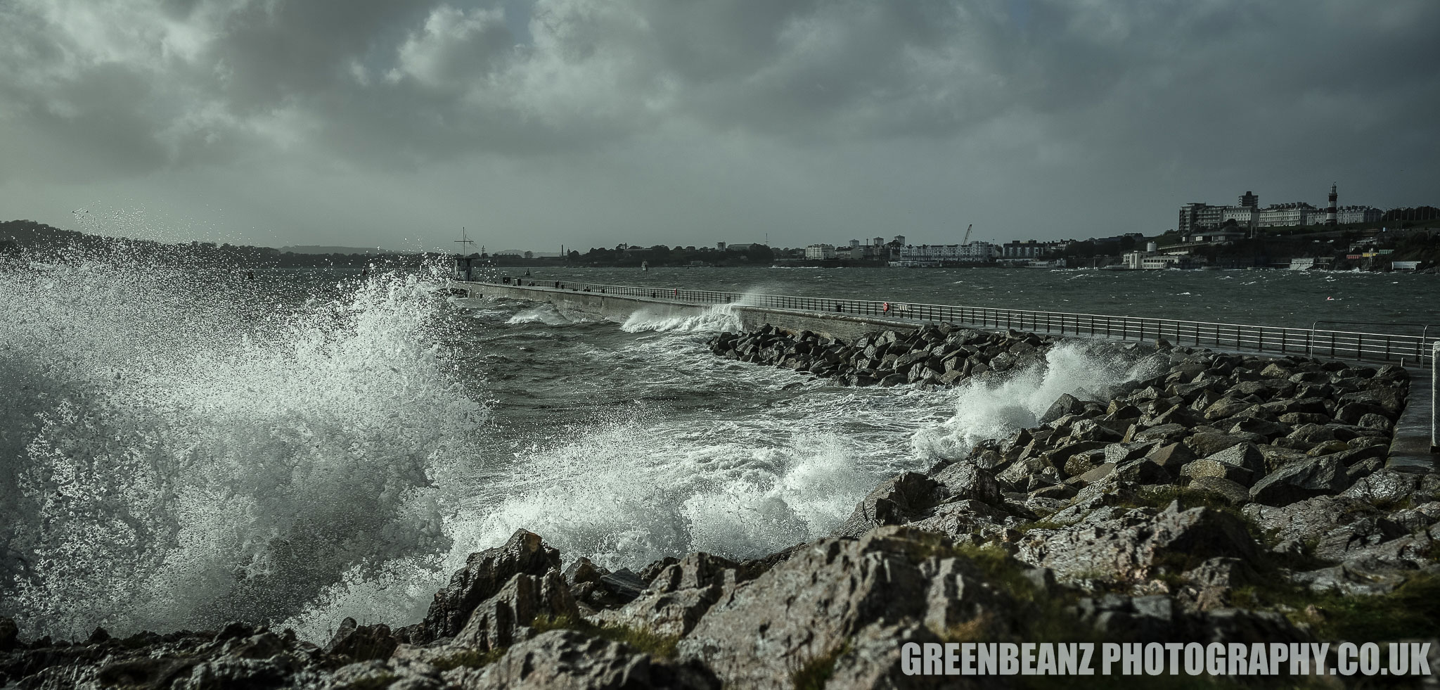 Wave hitting Mount Batten during Storm Ophelia 2017