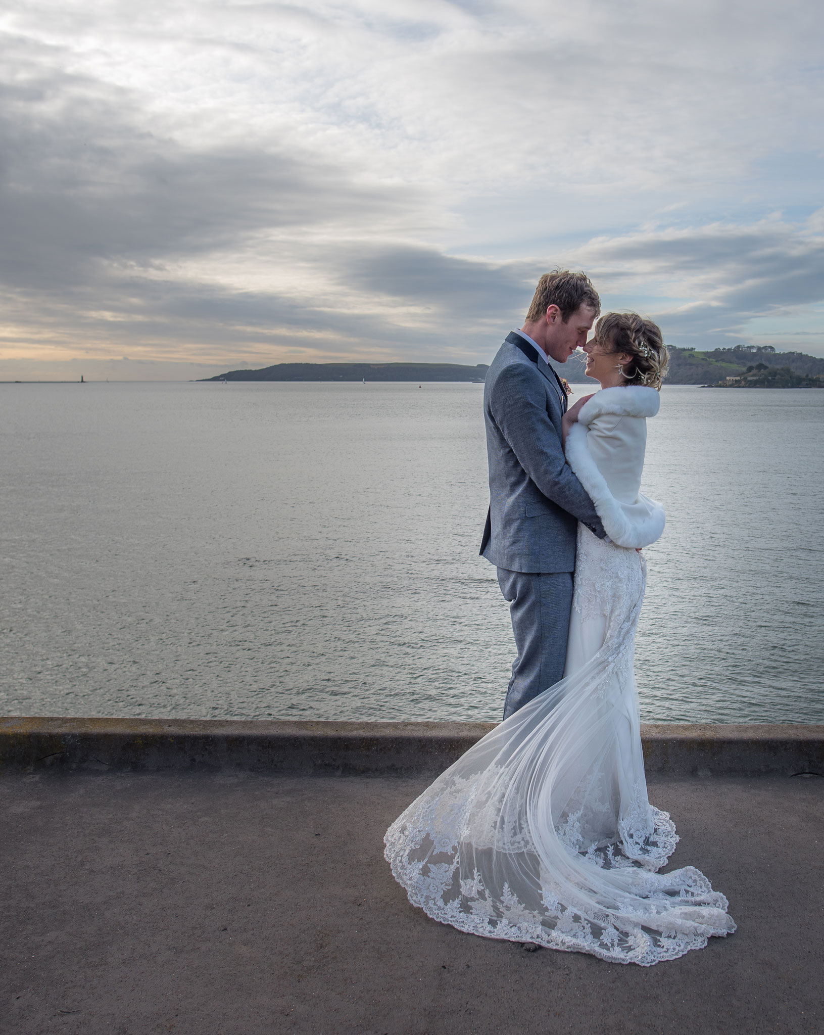 Devon Wedding Photography Couple in front of Drakes Island in Plymouth Sound