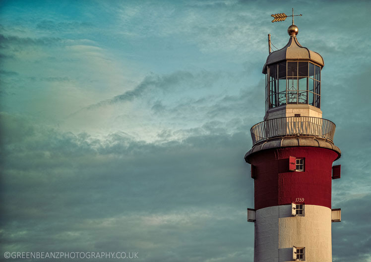 Smeatons Tower Lighthouse on Plymouth Hoe Blue sky behind